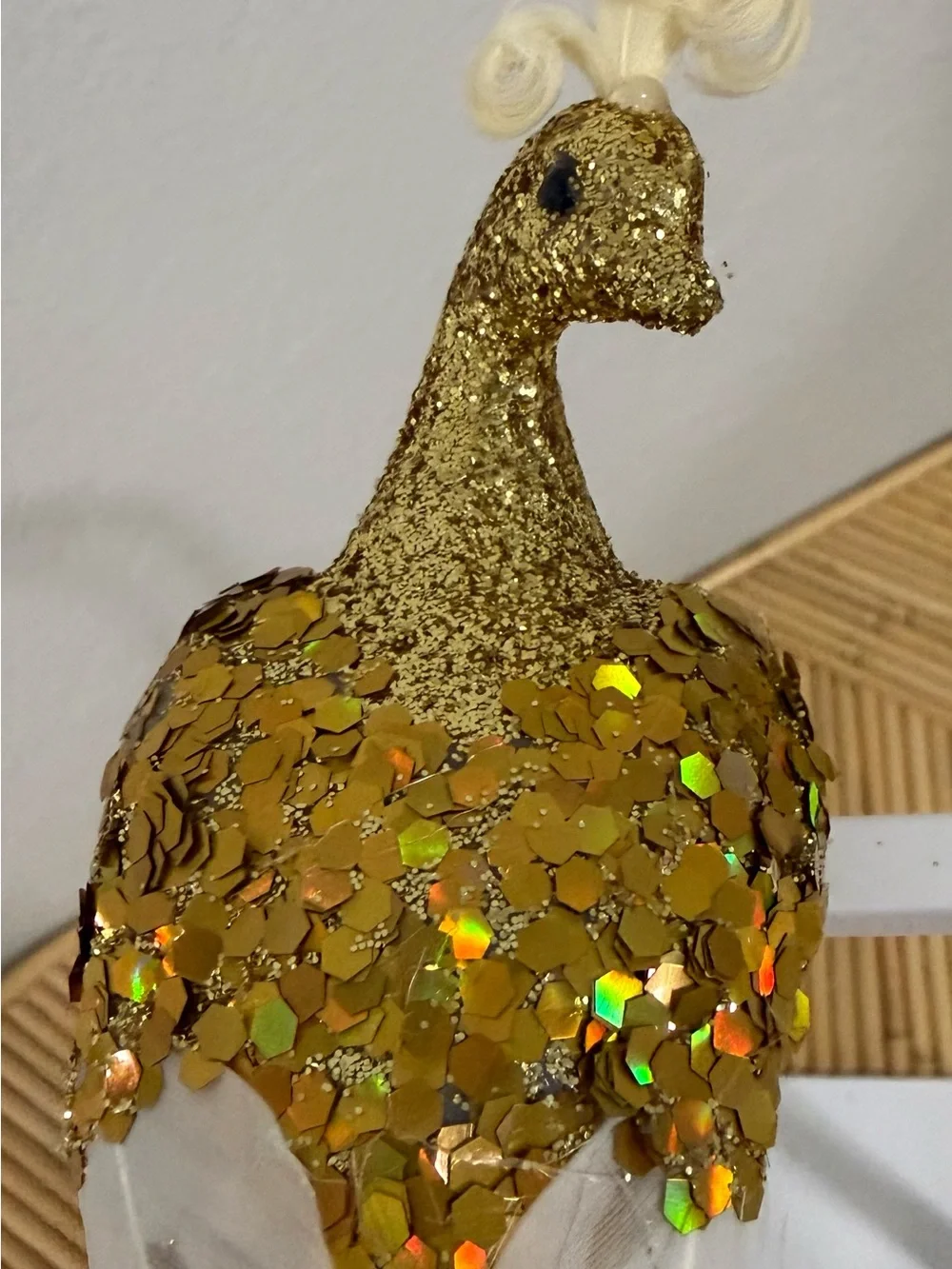 3 Kurt Adler Phoenix Clip-On Ornaments Gold Glitter Body & White Feather Tail